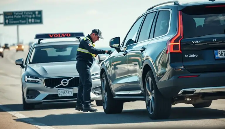 Volvo roadside assistance vehicle helping a stranded Volvo car on the highway