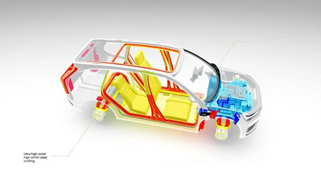 Volvo safety cage structure highlighting high-strength steel components Volvo safety cage structure highlighting high-strength steel components