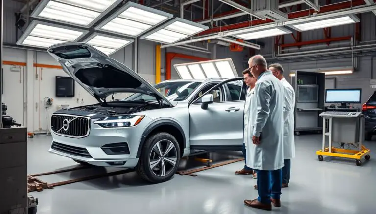 Volvo safety features testing facility with engineers examining collision prevention systems