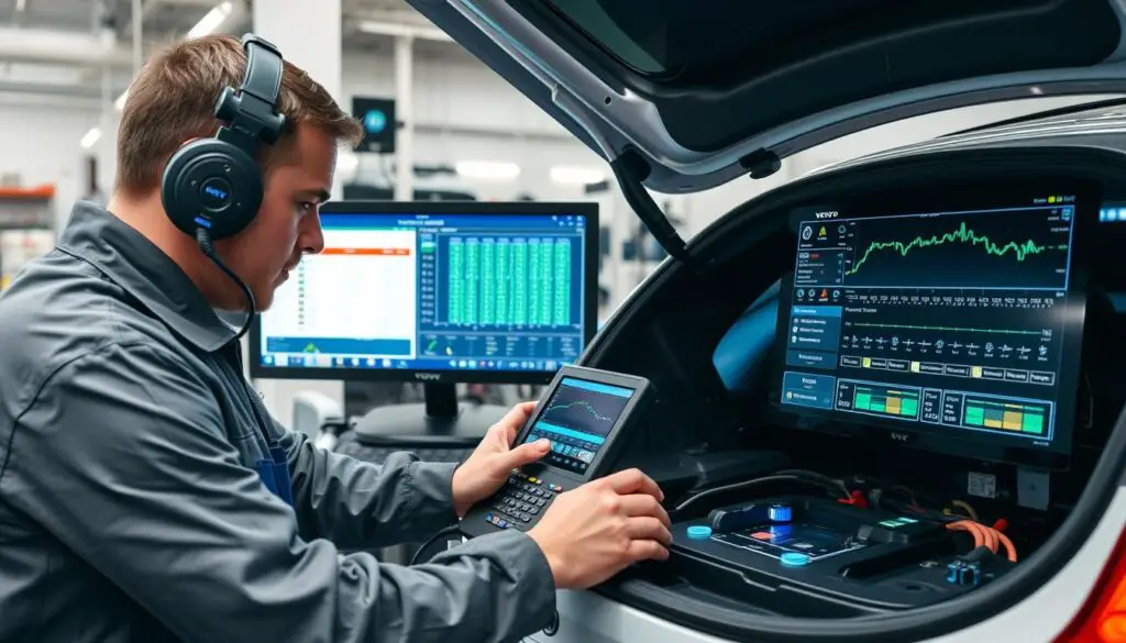 Volvo technician diagnosing hybrid electric vehicle battery issue Volvo technician diagnosing hybrid electric vehicle battery issue