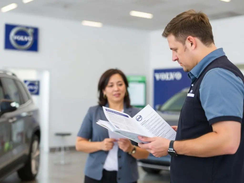 Volvo technician explaining roadside assistance coverage to a customer at a Volvo dealership