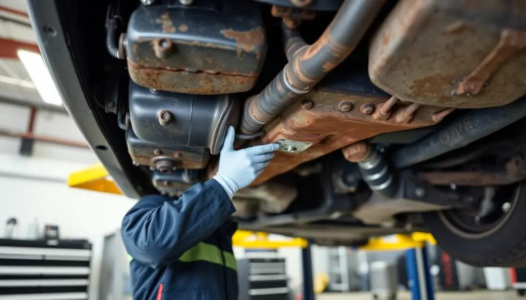 Volvo technician inspecting undercarriage for rust protection Volvo technician inspecting undercarriage for rust protection