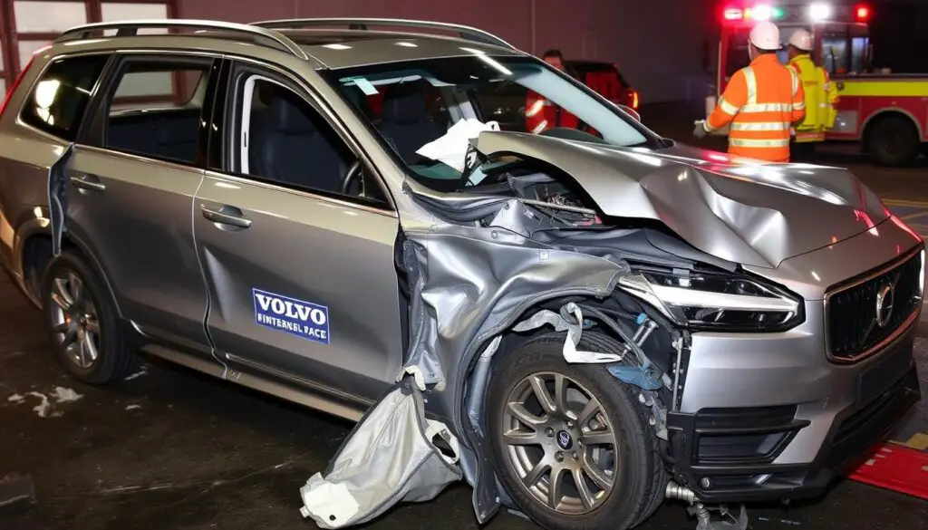 Volvo vehicle after severe accident with passenger compartment intact Volvo vehicle after severe accident with passenger compartment intact