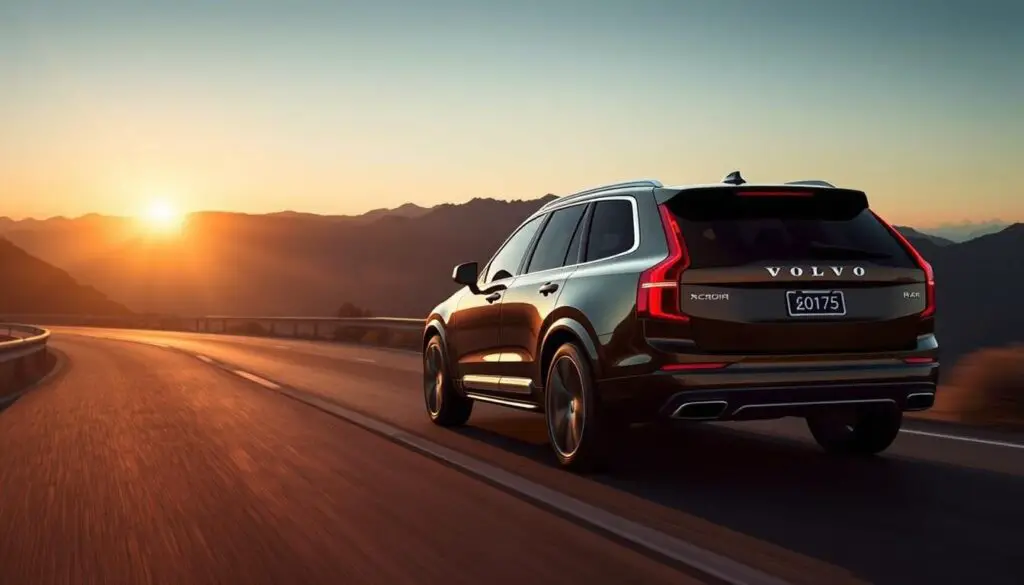 XC90 R-Design trim on scenic road showcasing its premium sporty character XC90 R-Design trim on scenic road showcasing its premium sporty character