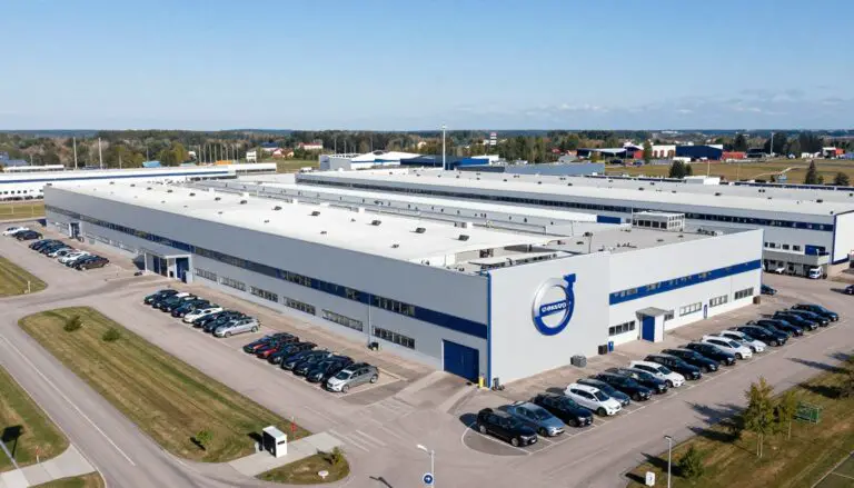Aerial view of Volvo's flagship Torslanda manufacturing plant in Sweden with Volvo logo prominently displayed