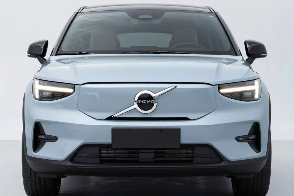 Front view of Volvo electric vehicle showing the shield-like structure replacing traditional grille