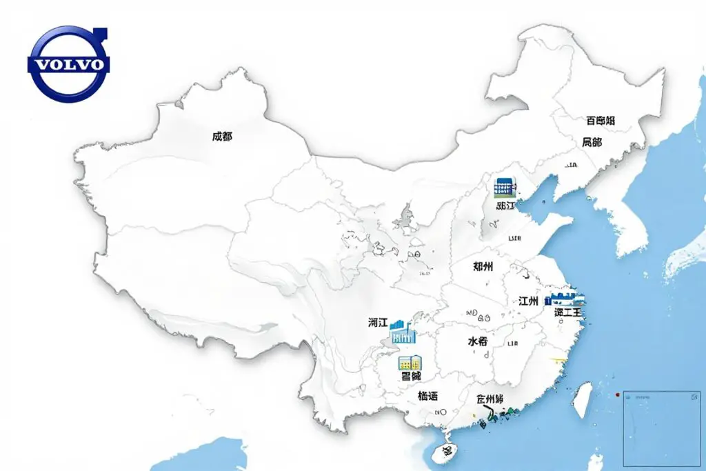 Map showing locations of Volvo manufacturing plants in China: Chengdu, Daqing, and Luqiao