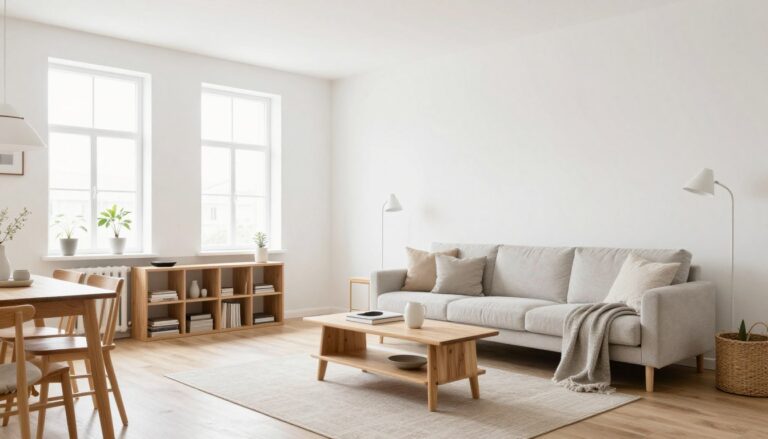Scandinavian minimalism interior with natural light, wood elements, and clean lines