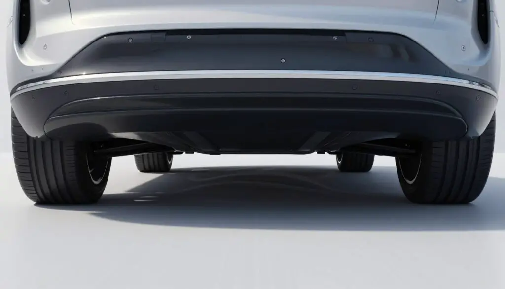 Underneath view of Volvo electric vehicle showing flat underbody design for improved aerodynamics