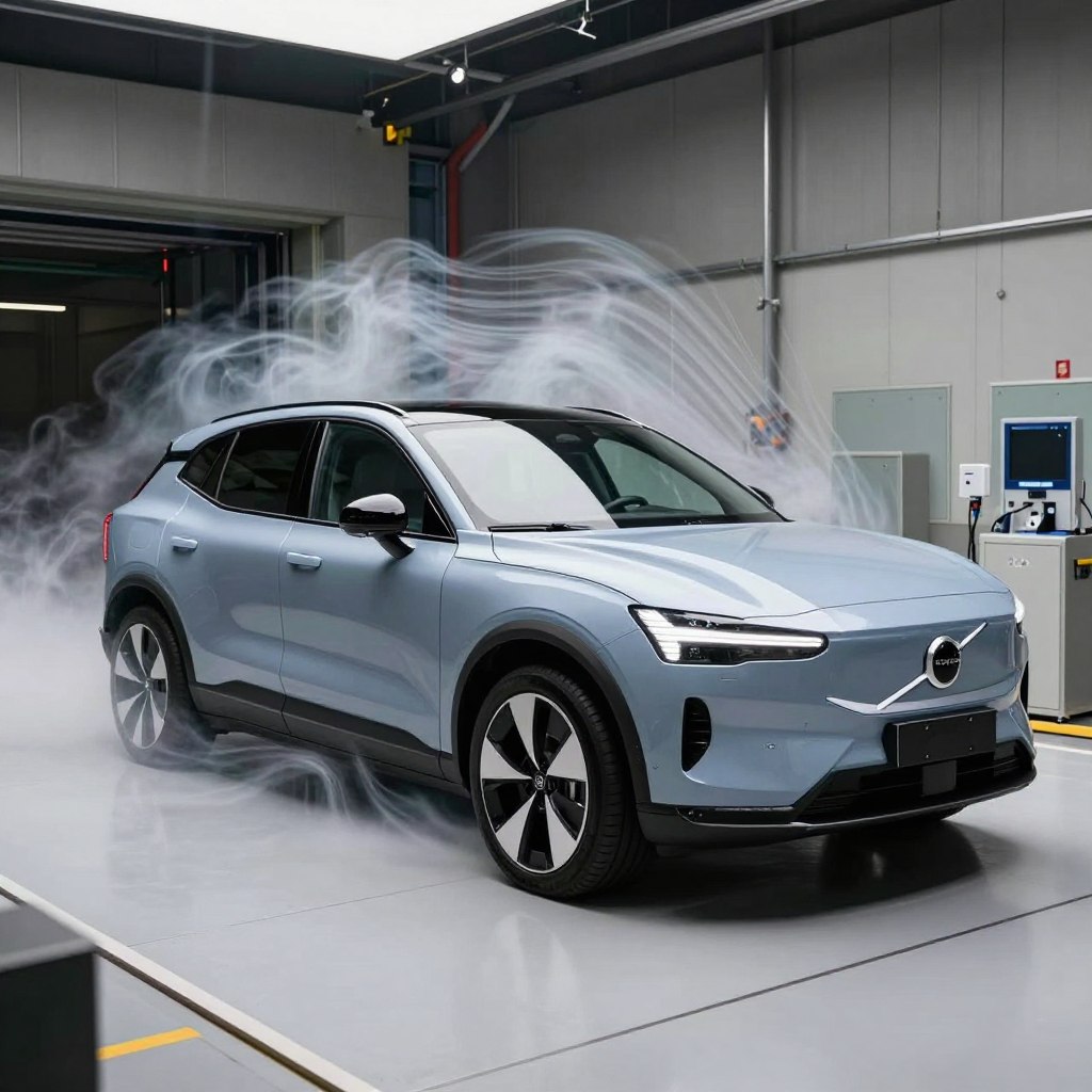 Volvo EX90 in wind tunnel testing showing aerodynamic optimization