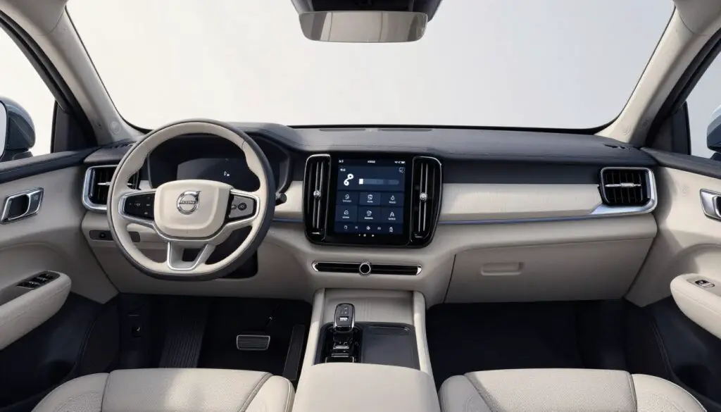 Volvo EX90 interior showing minimalist dashboard and center console design Volvo EX90 interior showing minimalist dashboard and center console design