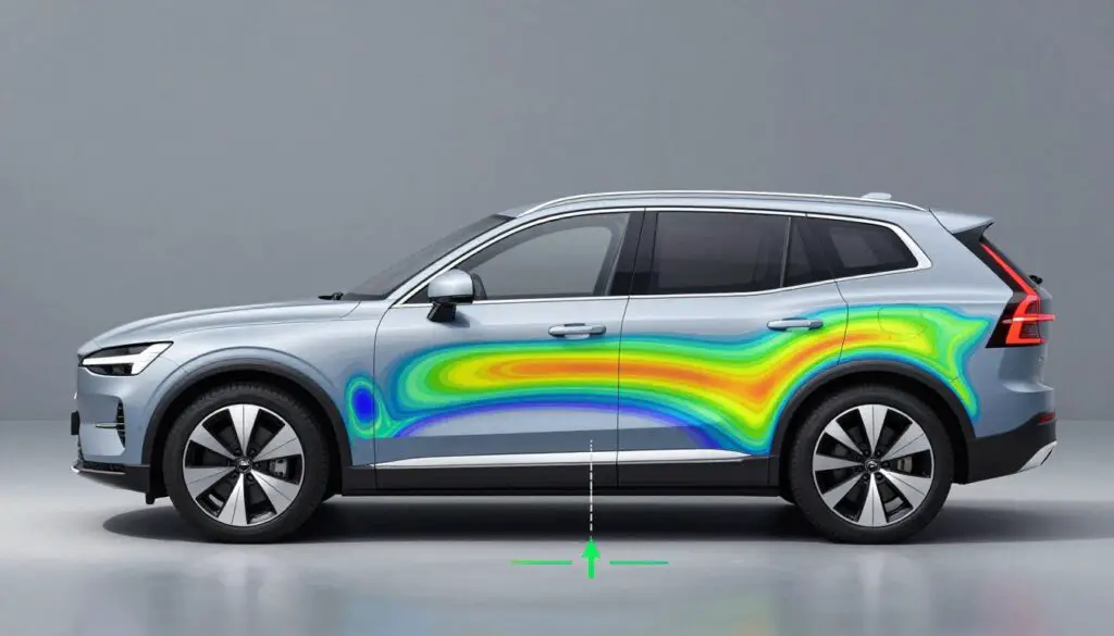 Volvo EX90 undergoing aerodynamic testing with visible airflow patterns