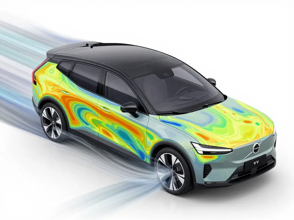 Volvo electric vehicle aerodynamics visualization showing airflow patterns