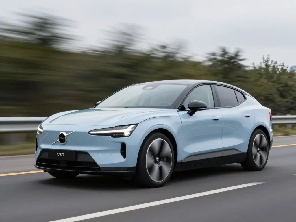 Volvo electric vehicle at high speed showing stability and aerodynamic performance