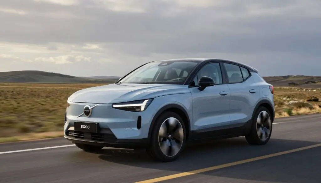 Volvo electric vehicle on open road demonstrating range and efficiency benefits of aerodynamic design