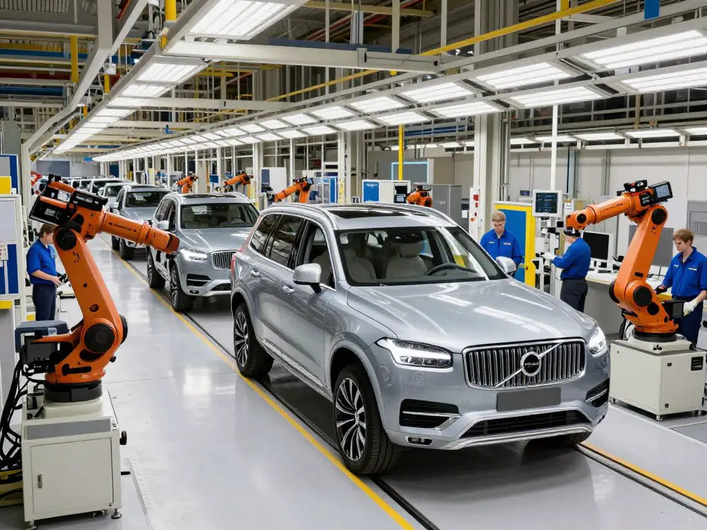 Volvo manufacturing plant in Torslanda, Sweden showing production line with XC90 SUVs being assembled