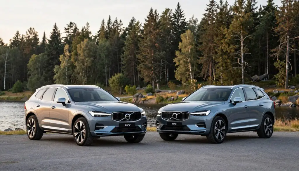 Volvo vehicles in natural Scandinavian landscape showing harmony with environment Volvo vehicles in natural Scandinavian landscape showing harmony with environment