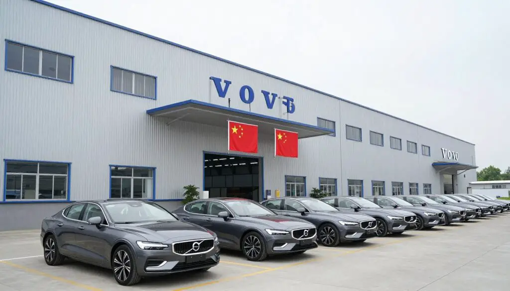 Volvo's Chengdu manufacturing plant in China with rows of newly produced Volvo vehicles