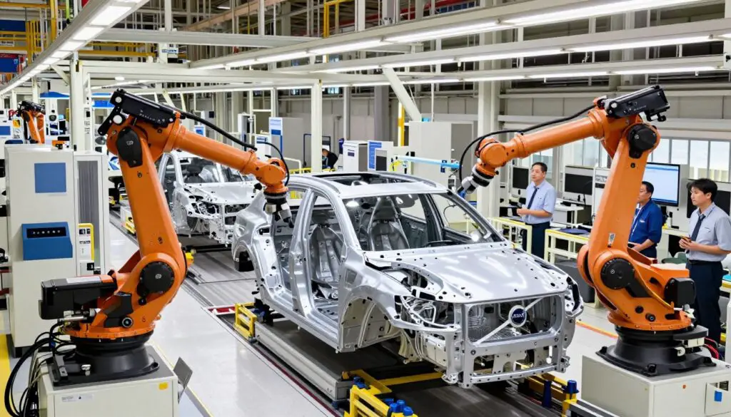 Volvo's modern manufacturing robots assembling car chassis on production line